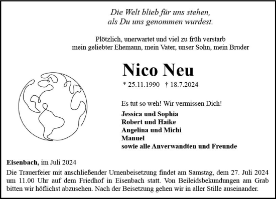 Traueranzeige von Nico Neu von Camberger Anzeiger