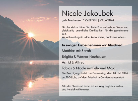 Traueranzeige von Nicole Jakoubek von Darmstädter Echo
