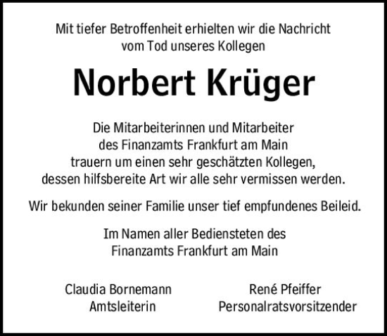 Traueranzeige von Norbert Krüger von Rüsselsheimer Echo