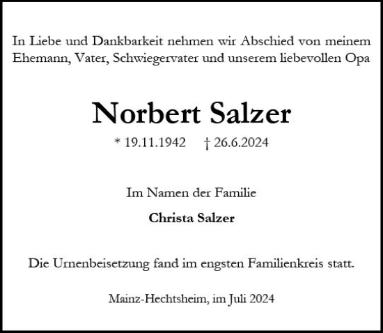 Traueranzeige von Norbert Salzer von Allgemeine Zeitung Mainz