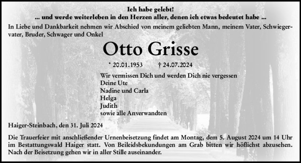  Traueranzeige für Otto Grisse vom 31.07.2024 aus Dill Block