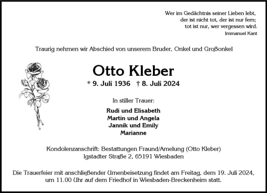 Traueranzeige von Otto Kleber von Wiesbadener Kurier