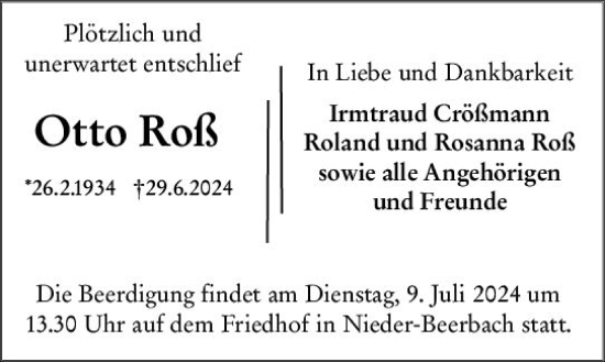 Traueranzeige von Otto Roß von Darmstädter Echo