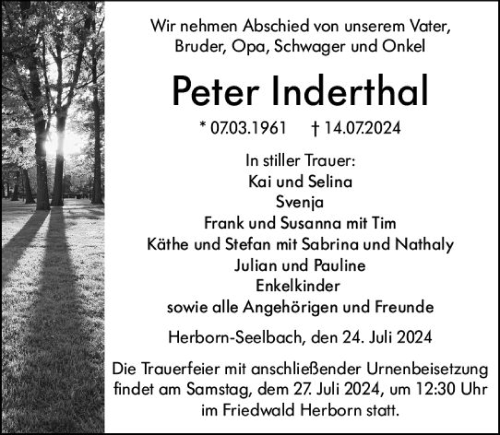  Traueranzeige für Peter Inderthal vom 24.07.2024 aus Dill Block