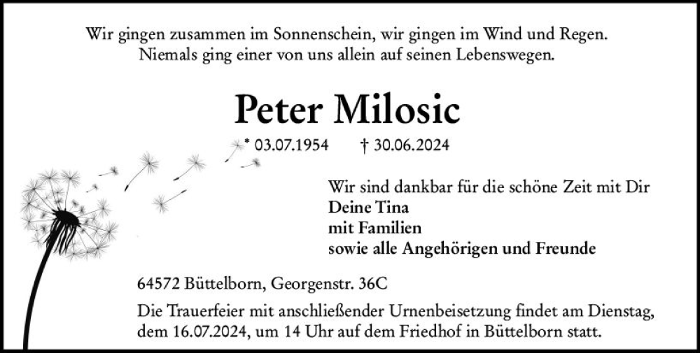  Traueranzeige für Peter Milosic vom 13.07.2024 aus Groß-Gerauer Echo