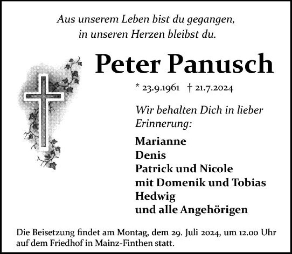  Traueranzeige für Peter Panusch vom 26.07.2024 aus Allgemeine Zeitung Mainz