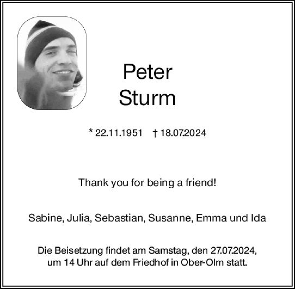  Traueranzeige für Peter Sturm vom 26.07.2024 aus Allgemeine Zeitung Mainz
