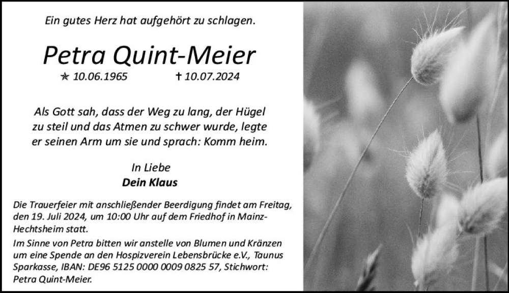  Traueranzeige für Petra Quint-Meier vom 13.07.2024 aus Allgemeine Zeitung Mainz