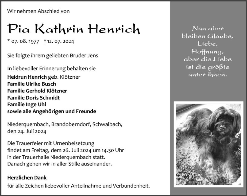  Traueranzeige für Pia Kathrin Henrich vom 24.07.2024 aus Wetzlarer Neue Zeitung