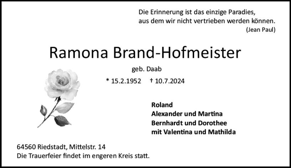  Traueranzeige für Ramona Brand-Hofmeister vom 20.07.2024 aus Darmstädter Echo