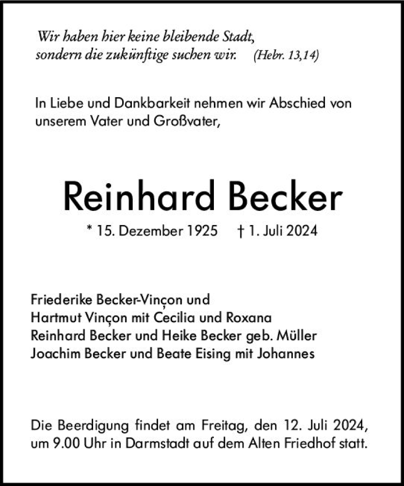  Traueranzeige für Reinhard Becker vom 06.07.2024 aus Darmstädter Echo