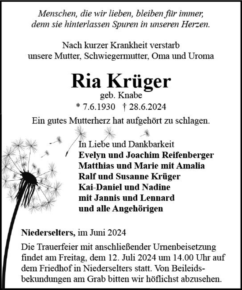  Traueranzeige für Ria Krüger vom 06.07.2024 aus Nassauische Neue Presse