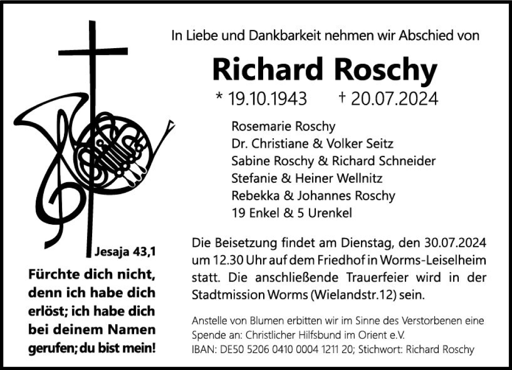  Traueranzeige für Richard Roschy vom 26.07.2024 aus Wormser Zeitung