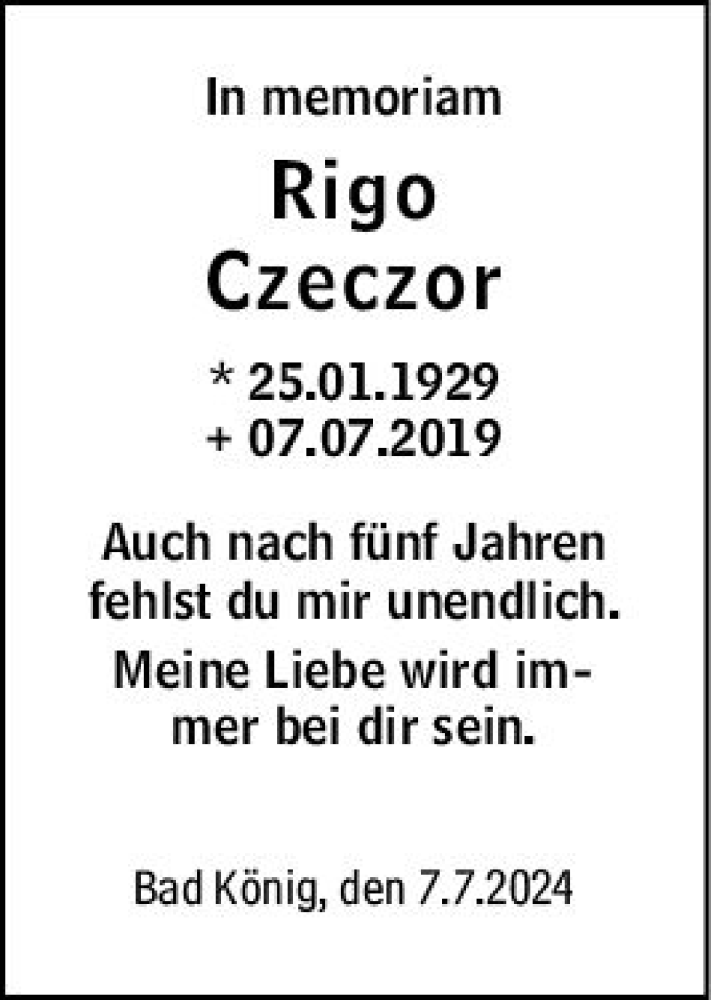  Traueranzeige für Rigo Czeczor vom 06.07.2024 aus Odenwälder Echo