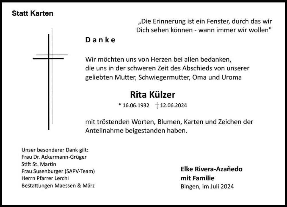  Traueranzeige für Rita Külzer vom 13.07.2024 aus Allgemeine Zeitung Rheinhessen-Nahe
