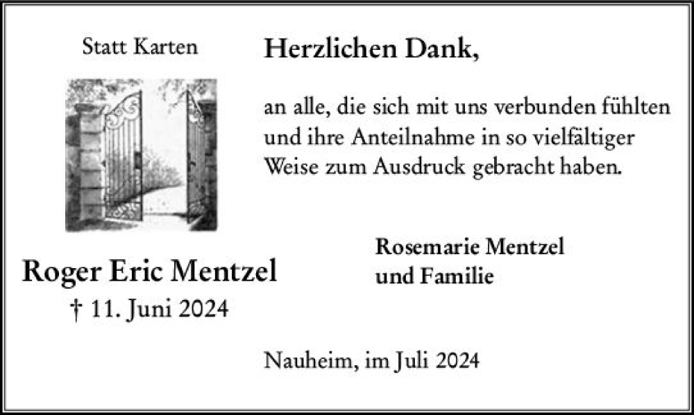  Traueranzeige für Roger Mentzel vom 06.07.2024 aus Rüsselsheimer Echo