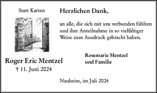Traueranzeige von Roger Mentzel von Rüsselsheimer Echo