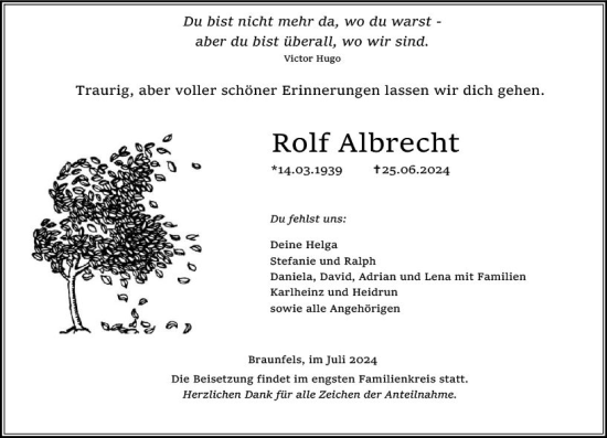 Traueranzeige von Rolf Albrecht von Wetzlarer Neue Zeitung