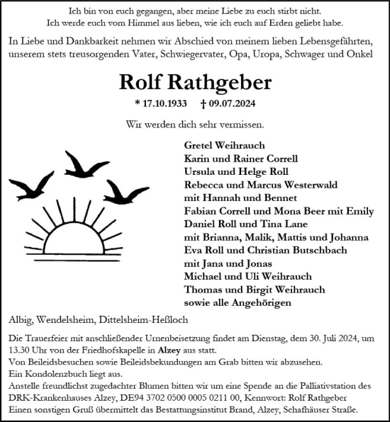 Traueranzeige von Rolf Rathgeber von Allgemeine Zeitung Alzey