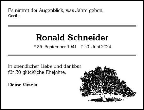 Traueranzeige von Ronald Schneider von Wiesbadener Kurier