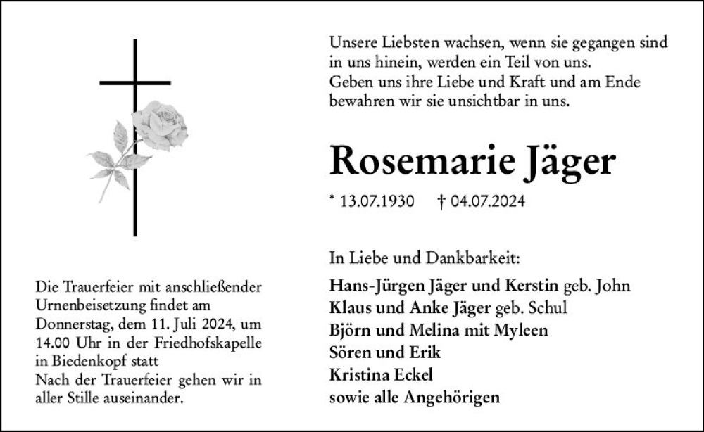  Traueranzeige für Rosemarie Jäger vom 08.07.2024 aus Hinterländer Anzeiger