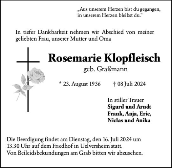 Traueranzeige von Rosemarie Klopfleisch von Allgemeine Zeitung Mainz