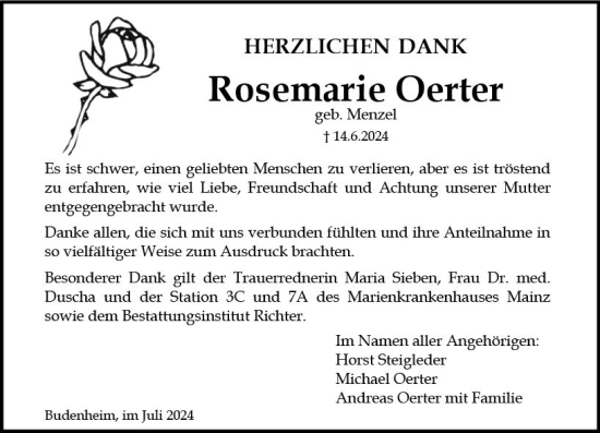 Traueranzeige von Rosemarie Oerter von Allgemeine Zeitung Mainz