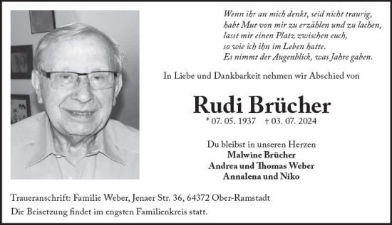Traueranzeige von Rudi Brücher von Darmstädter Echo