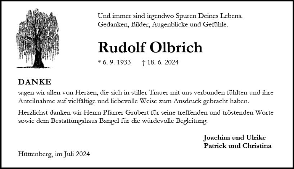  Traueranzeige für Rudolf Olbrich vom 27.07.2024 aus Wetzlarer Neue Zeitung