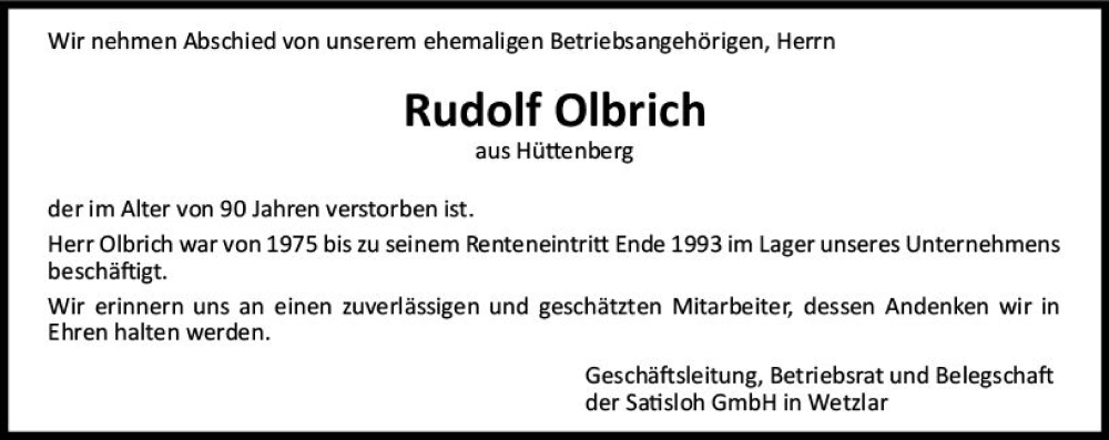  Traueranzeige für Rudolf Olbrich vom 06.07.2024 aus Wetzlarer Neue Zeitung