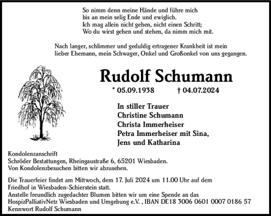 Traueranzeige von Rudolf Schumann von Wiesbadener Kurier