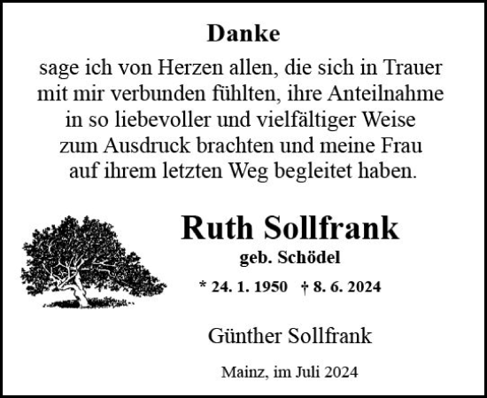 Traueranzeige von Ruth Sollfrank von Allgemeine Zeitung Mainz