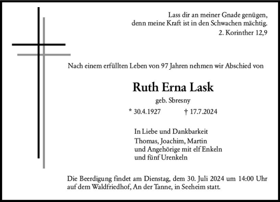 Traueranzeige von Ruth Erna Lask von Darmstädter Echo