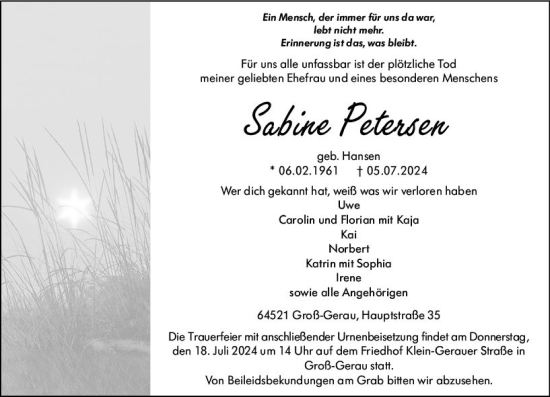 Traueranzeige von Sabine Petersen von Groß-Gerauer Echo