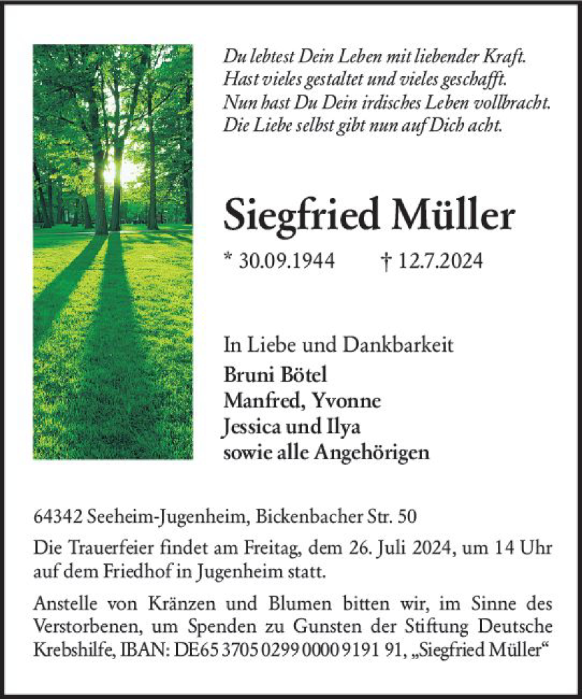  Traueranzeige für Siegfried Müller vom 20.07.2024 aus Darmstädter Echo