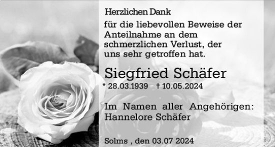 Traueranzeige von Siegfried Schäfer von Wetzlarer Neue Zeitung