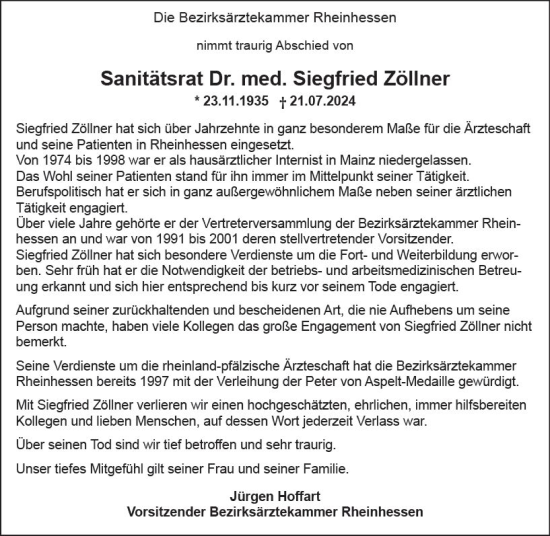 Traueranzeige von Siegfried Zöllner von Allgemeine Zeitung Mainz