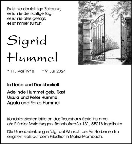 Traueranzeige von Sigrid Hummel von Allgemeine Zeitung Mainz