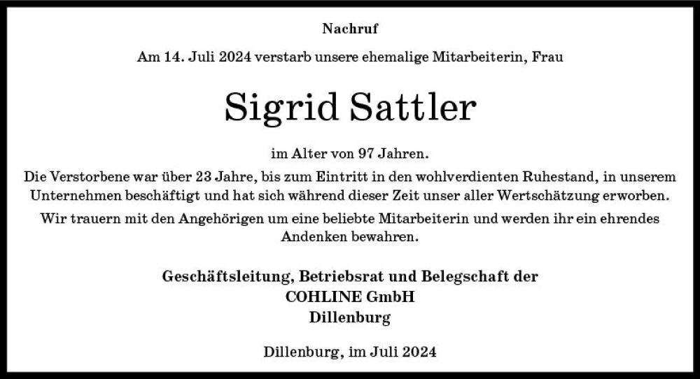  Traueranzeige für Sigrid Sattler vom 27.07.2024 aus Dill Block
