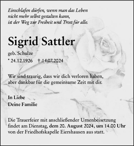 Traueranzeige von Sigrid Sattler von Dill Block