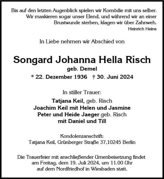 Traueranzeige von Songard  Risch von Wiesbadener Kurier