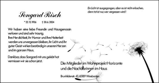 Traueranzeige von Songard  Risch von Wiesbadener Kurier