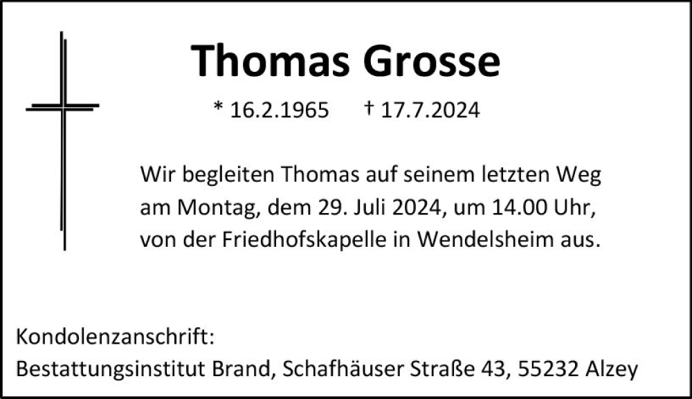  Traueranzeige für Thomas Grosse vom 27.07.2024 aus Allgemeine Zeitung Alzey