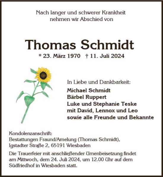 Traueranzeige von Thomas Schmidt von Wiesbadener Kurier