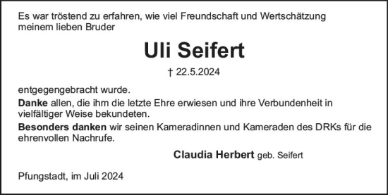 Traueranzeige von Uli Seiffert von Darmstädter Echo