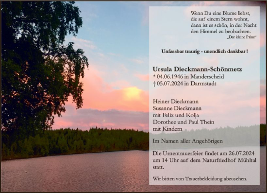 Traueranzeige von Ursula Dieckmann-Schönmetz von Darmstädter Echo