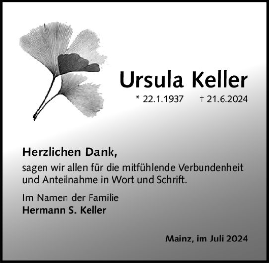 Traueranzeige von Ursula Keller von Allgemeine Zeitung Mainz