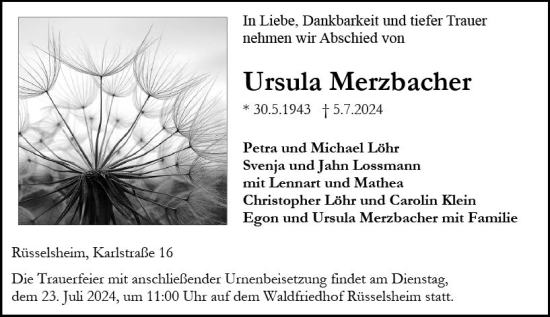 Traueranzeige von Ursula Merzbacher von Rüsselsheimer Echo