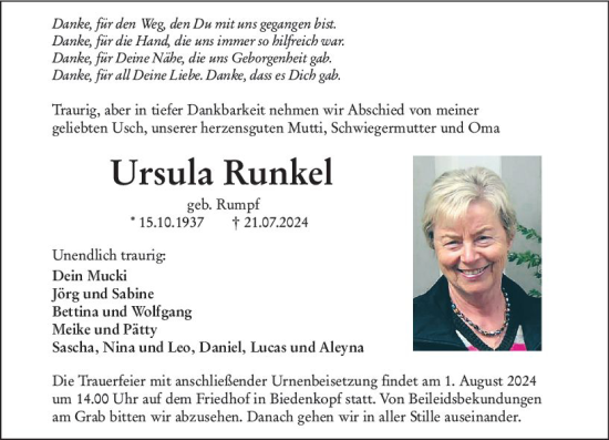 Traueranzeige von Ursula Runkel von Hinterländer Anzeiger