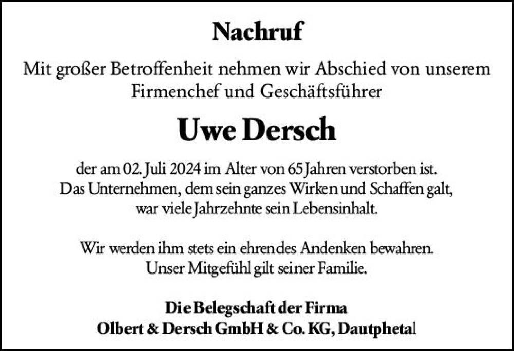  Traueranzeige für Uwe Dersch vom 19.07.2024 aus Hinterländer Anzeiger